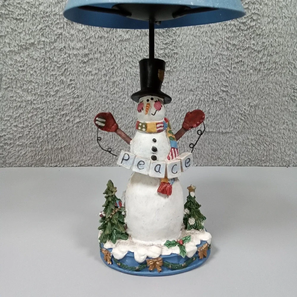 Snowman Peace Candle Holder Lamp Blue Snowflake Metal‎ Shade Winter Decor 11